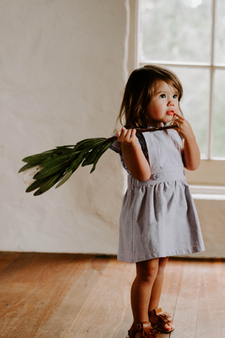 US stockist of Miann & Co's Lavender Grey Cotton/Linen Pinafore Dress 