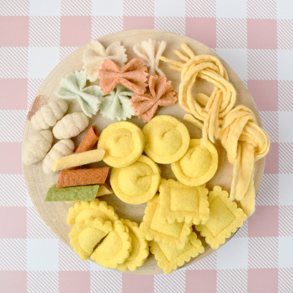US stockist of Tara Treasures' Felt Pasta Play Food set.