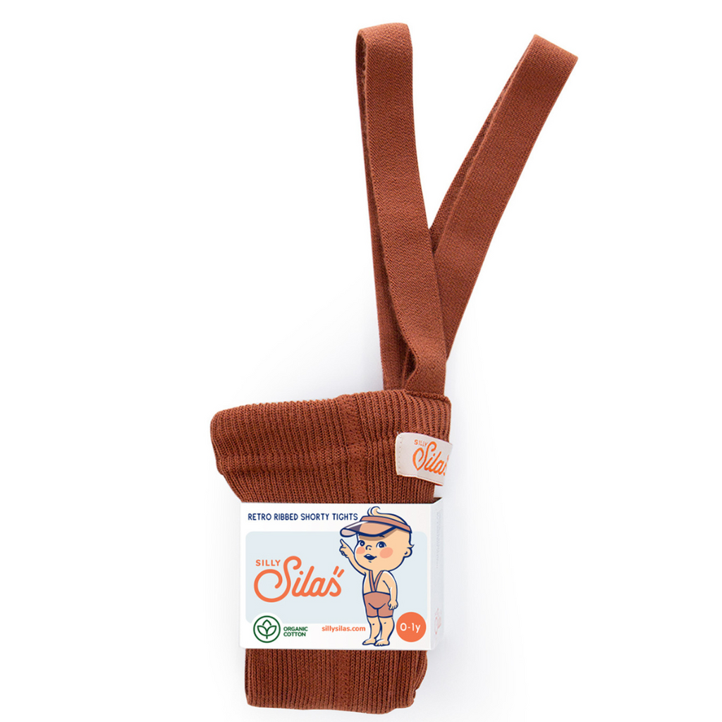 US stockist of Silly Silas' Cotton gender neutral shorty tights in Cinnamon.