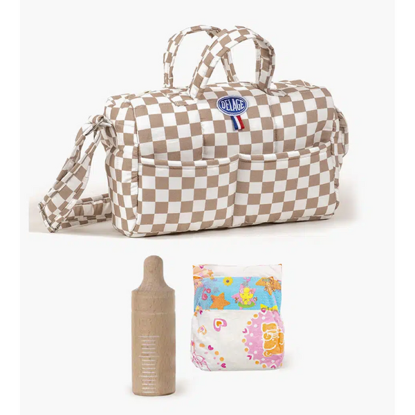 US stockist of Minikane's Brown and White Checkered Diaper/Change Bag set.