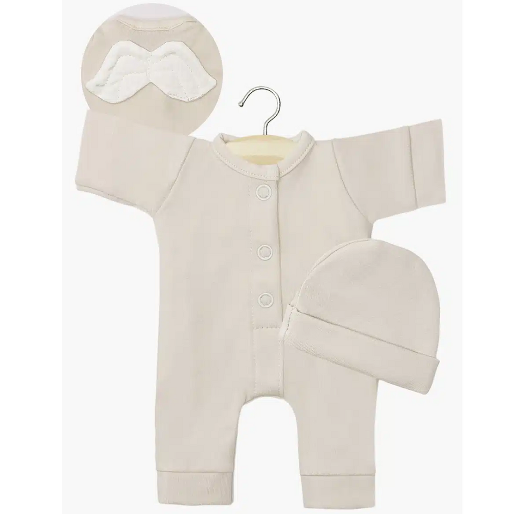 US stockist of Minikane's Babies Doll Angel Wing Sleepsuit + Hat - Linen