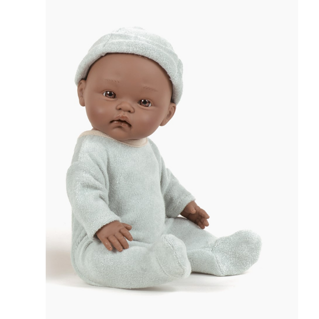 US stockist of Minikane's Basile Cuties doll dressed in a Green Tea terry sleepsuit with matching Tico hat