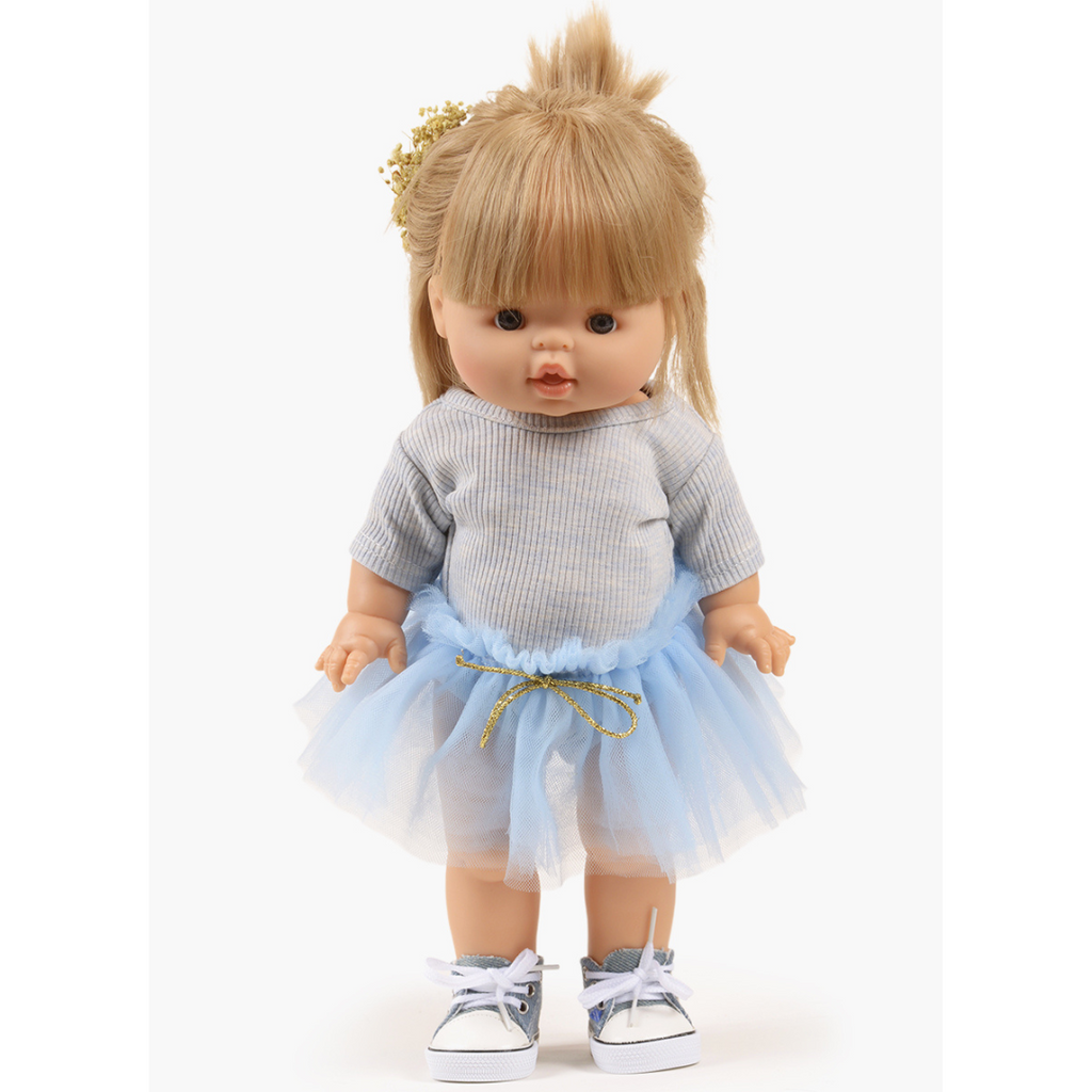 US stockist of Minikane's two piece Josepha Set with a short sky blue tutu and ribbed blue bodysuit