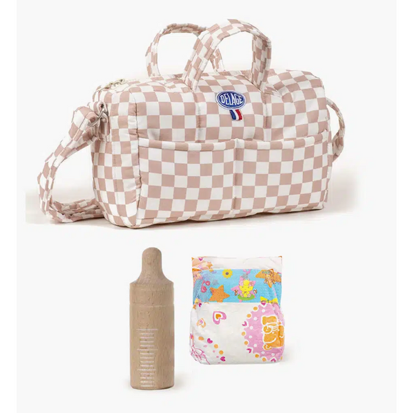 US stockist of Minikane's Pink and White Checkered Diaper/Change Bag Set