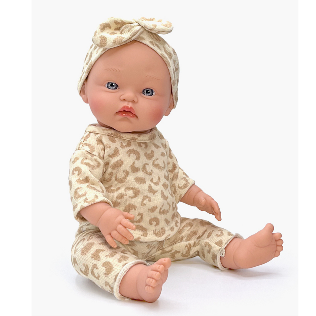 US stockist of Minikane's Iris Cuties doll dressed in 3pc Feline set