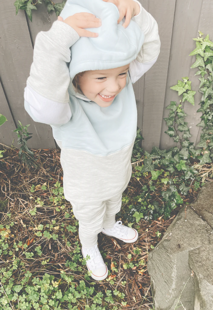 US stockist of Five O'Six'Baby Blue block sherpa hooded sweatshirt