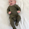 Stockist of Bonsie's Oliveyou ribbed footed kimono romper.