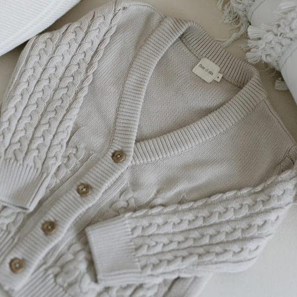 US stockist of Five O'Six's Taupe Dotty Cardigan