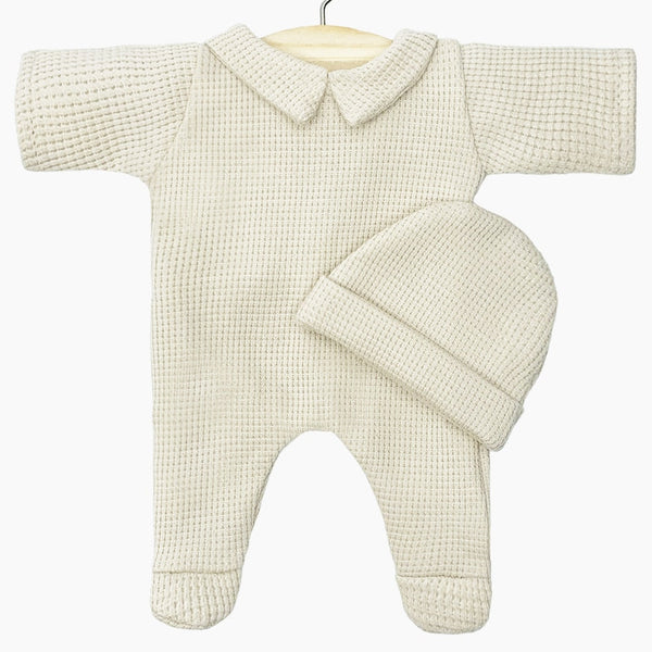 US stockist of Minikane's Babies' Honeycomb Linen Corentin Sleepsuit with matching hat.