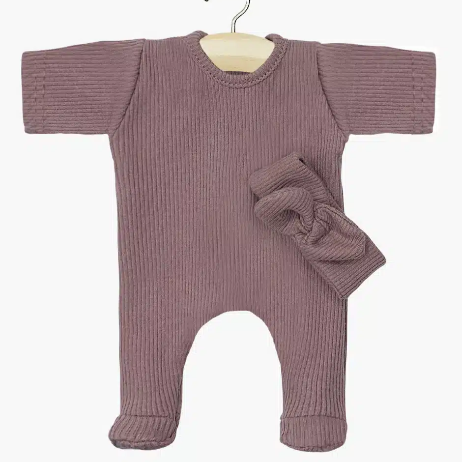 US stockist of Minikane's Babies' Angel Sleepsuit set in Dark Orchid