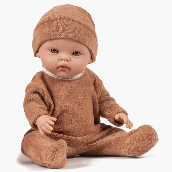 US stockist of Minikane's Octave Cuties doll dressed in Brown Sugar sleepsuit with matching Tico hat.