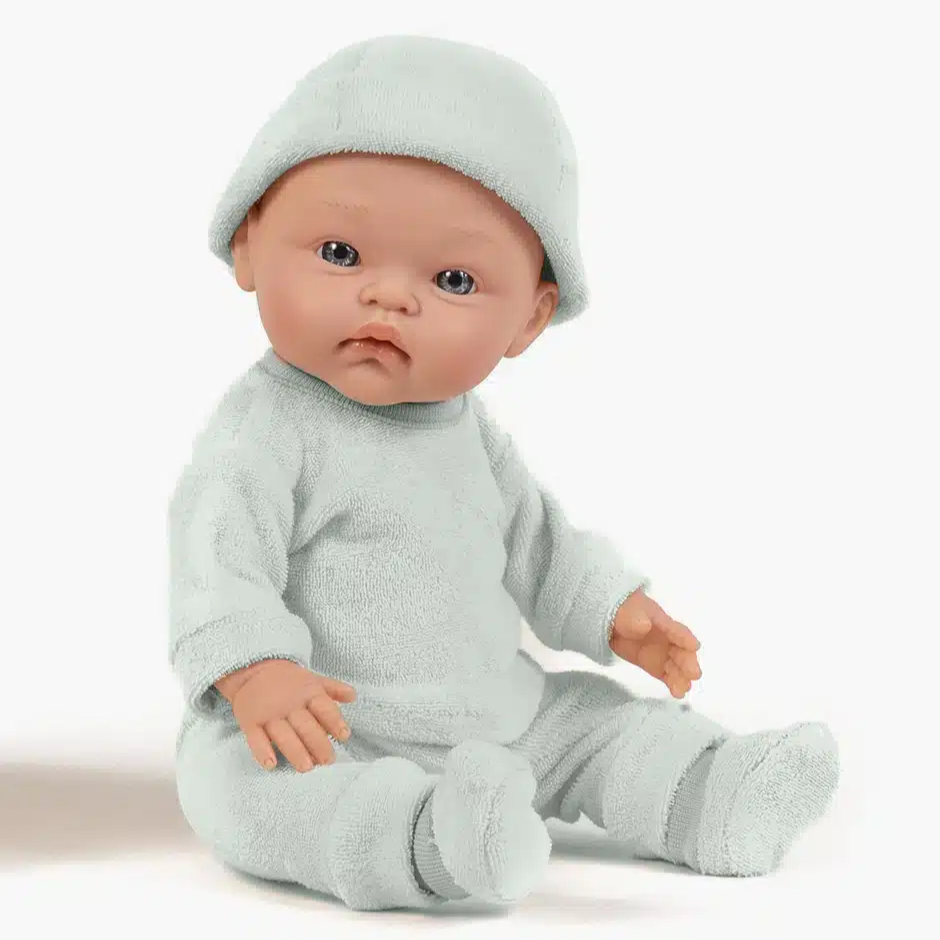 US stockist of Minikane's Igor Cuties doll dressed in Green Tea Terry sleepsuit with matching Tico hat.