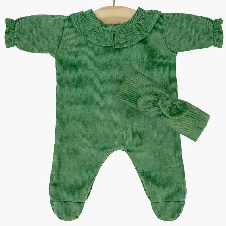 US stockist of Minikane's Babies Camille Sleepsuit + Headband - Green Corduroy