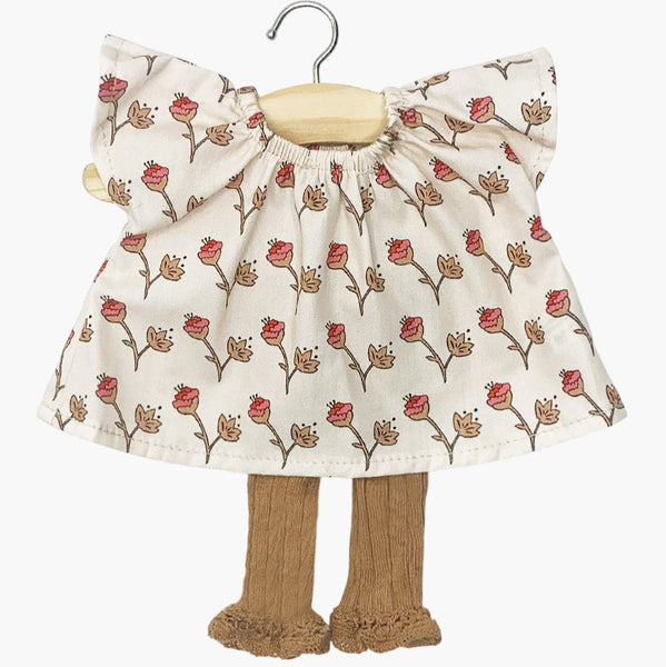 US stockist of Minikane's 2 piece  set with a Mazarine Cotton Flower top and ruffled Caramel footless tights.