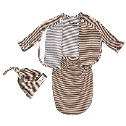 Stockist of Bonsie's rayon blend baby gown in gender neutral mocha stripe.  Features cross over velcro top that can be undone for skin to skin.  Elastic waist which can be pulled down for easy diaper changes.