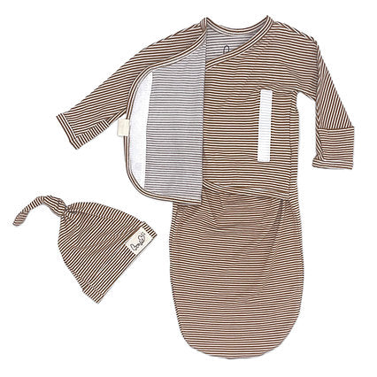 Stockist of Bonsie's rayon blend baby gown in gender neutral mocha stripe.  Features cross over velcro top that can be undone for skin to skin.  Elastic waist which can be pulled down for easy diaper changes.