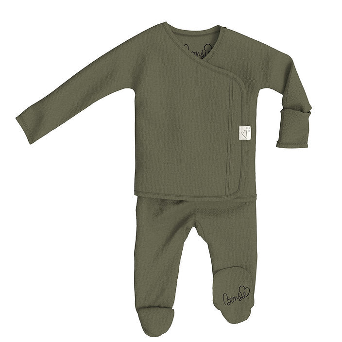 Stockist of Bonsie's Oliveyou ribbed footed kimono romper.