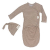 Stockist of Bonsie's rayon blend baby gown in gender neutral mocha stripe.  Features cross over velcro top that can be undone for skin to skin.  Elastic waist which can be pulled down for easy diaper changes.